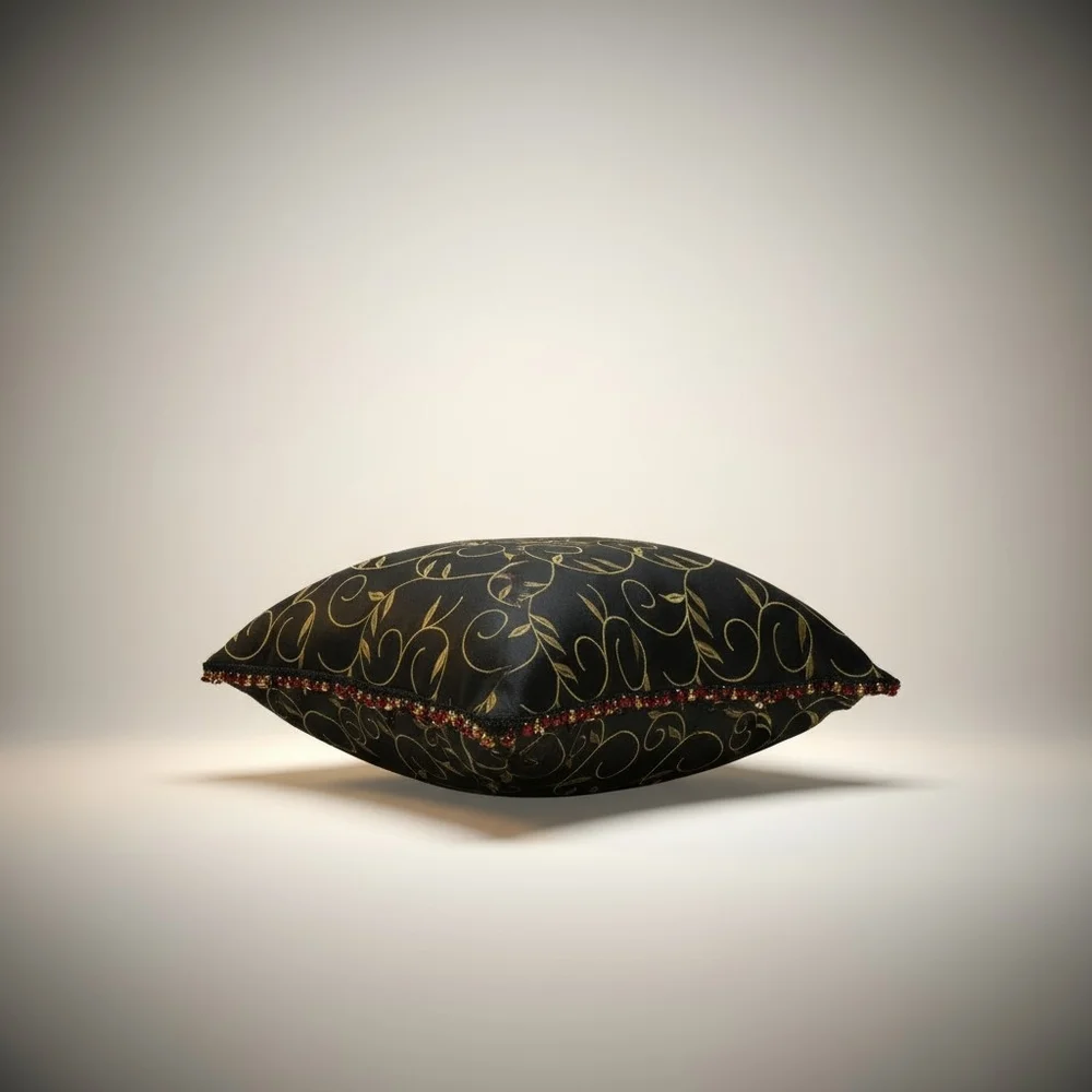 EUC Vintage Regal Noir Gold Embroidered Silk Beaded Accent Pillow